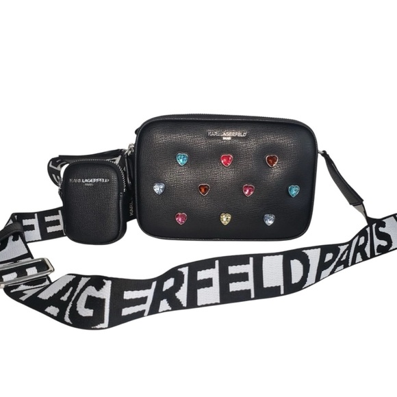 KARL LAGERFELD PARIS Maybelle Black Crossbody Bag Satchel, Rainbow Heart Accents - Picture 2 of 16